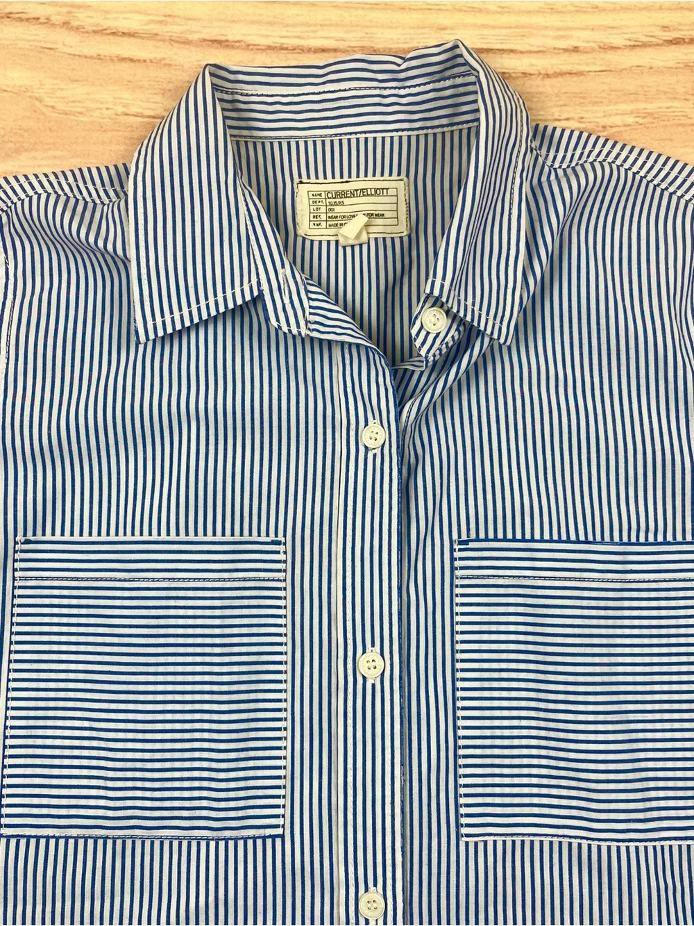 Current Elliott Button Up Shirt Women’s 2 Blue White Striped Short Sleeve Pocket